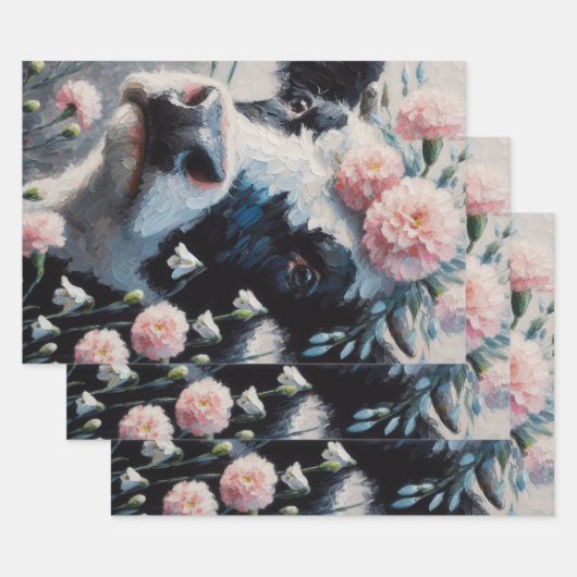 Feuille De Papier Cadeau Vache Holstein dans les fleurs ferme Découpage fer (Lot)