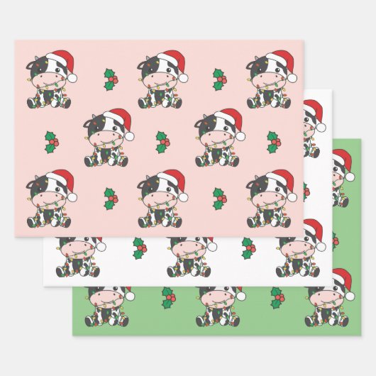 Feuille De Papier Cadeau Vache Noël Animaux d'hiver Vaches de vacances (Lot)