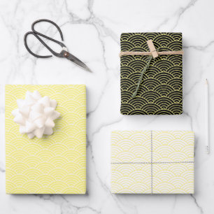 Feuille De Papier Cadeau Vague Géométrique Japonais Jaune Noir Blanc Modern