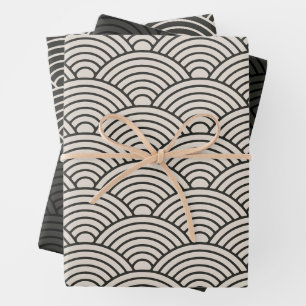 Feuille De Papier Cadeau Vague japonaise Seigaiha   Noir et crème blanc
