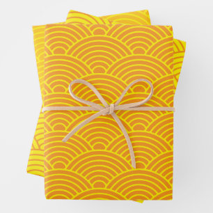 Feuille De Papier Cadeau Vague japonaise Seigaiha orange et jaune