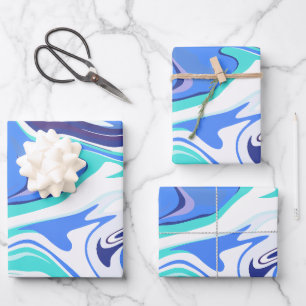 Feuille De Papier Cadeau Vagues Abstraites fluides en bleu et vert clair