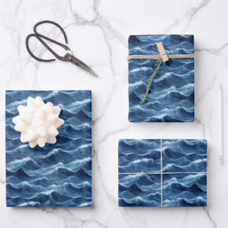 Feuille De Papier Cadeau Vagues Bleues Déferlantes