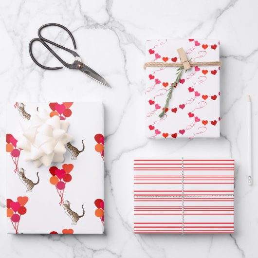 Feuille De Papier Cadeau Valentines de chat rouge, rose et blanc (Recto)