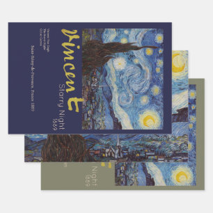 Feuille De Papier Cadeau Van Gogh Nuit Étoilée Vintage Bleu Chef-d'œuvre
