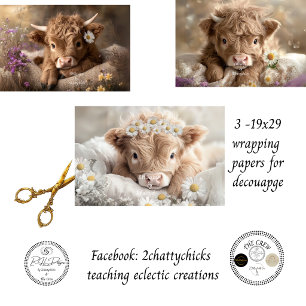 Feuille De Papier Cadeau Veaux Highland Bébé Fleurs de Marguerites 3-2x19 f