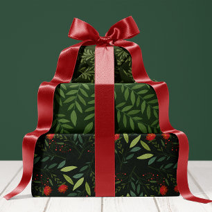 Feuille De Papier Cadeau Végétal Botanique Rouge Et Vert Noël