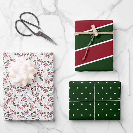 Feuille De Papier Cadeau Végétation d'hiver Noël Motif rouge et vert (Recto)