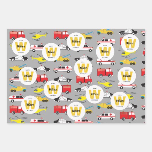 Feuille De Papier Cadeau Véhicules d'urgence Transport Nom de l'anniversair (Devant)