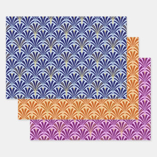 Feuille De Papier Cadeau Ventilateur Art déco Motif, Bleu foncé, Orange, 
