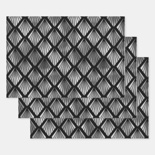 Feuille De Papier Cadeau Ventilateurs Art déco en argent sur noir (Lot)