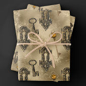 Feuille De Papier Cadeau Verrouillage Steampunk et clé or | Découpage Vinta