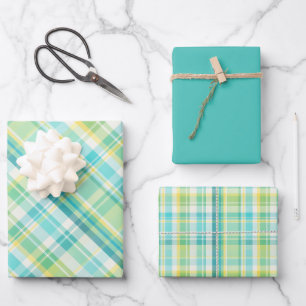 Feuille De Papier Cadeau Vert doux, Turquoise, Bleu, Jaune & Blanc Plaid