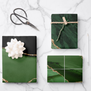 Feuille De Papier Cadeau Vert élégant paillettes dorées Marbre Agate 