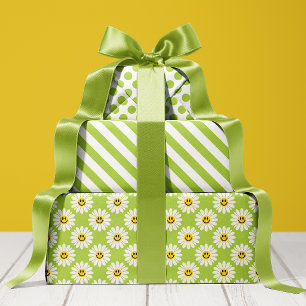 Feuille De Papier Cadeau Vert Fleur Daisy Rayures pois