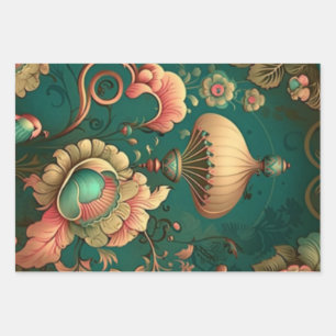 Feuille De Papier Cadeau Vert floral design rétro vintage