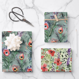 Feuille De Papier Cadeau Vert Joyeux Anniversaire Fleurs Plumes de Paon Rou