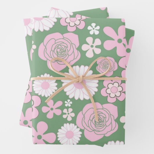 Feuille De Papier Cadeau Vert rose blanc rétro Y2K les années 70 Fleur Moti (En situation)