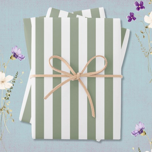 Feuille De Papier Cadeau Vert sauge clair et rayure blanche