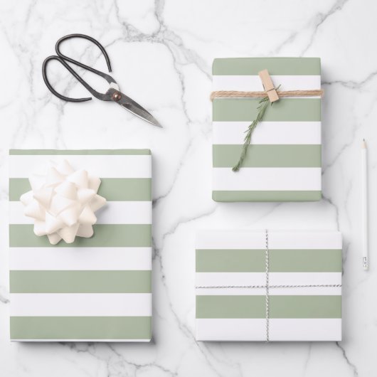 Feuille De Papier Cadeau Vert sauge clair et rayures blanches (Recto)