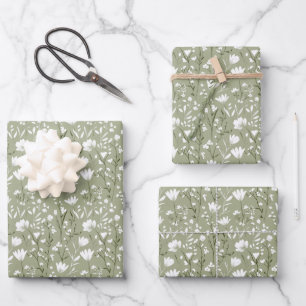 Feuille De Papier Cadeau Vert sauge et floral blanc Mariage Shower de maria