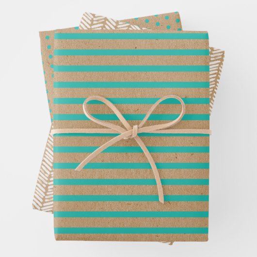 Feuille De Papier Cadeau Vert Turquoise Lignes Bleues Faux Rustique Brown K (En situation)
