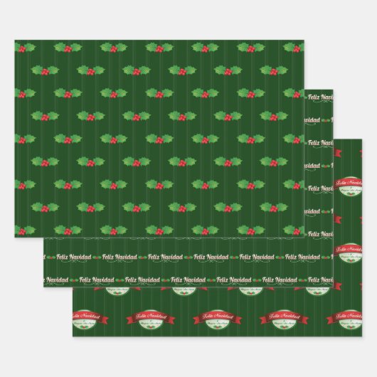 Feuille De Papier Cadeau Verticale Striped Holly Berry Feliz Navidad (Lot)