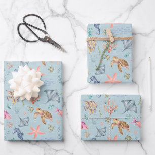 Feuille De Papier Cadeau Vie océanique à l'aquarelle Pastel Bleu Texturé