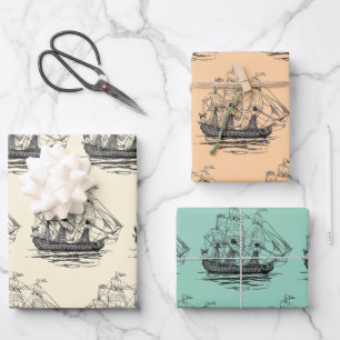 Feuille De Papier Cadeau Vieux galion de pirates, esquisse d'un navire de 7