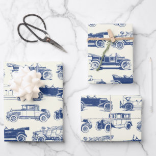 Feuille De Papier Cadeau Vieux Motif de voiture Blue Vintage
