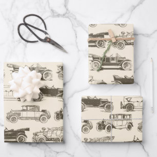 Feuille De Papier Cadeau Vieux-temps Beige Brown Vintage Voiture Motif