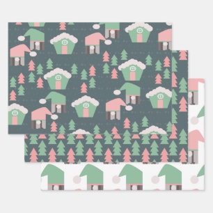Feuille De Papier Cadeau Village de cités de gnomes de Noël rose