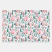 Feuille De Papier Cadeau Village de Noël rose et bleu (Devant 3)