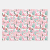Feuille De Papier Cadeau Village de Noël rose et vert (Devant)