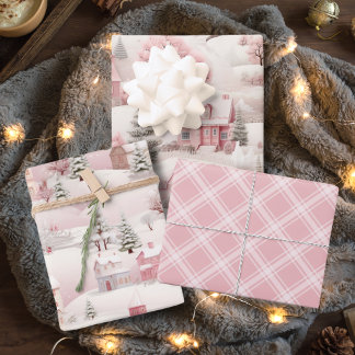 Feuille De Papier Cadeau Village vintage de neige rose Plat Noël