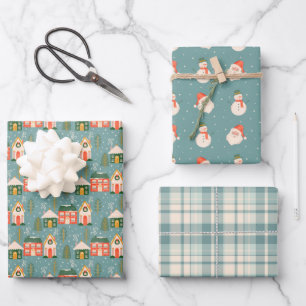Feuille De Papier Cadeau Ville de Noël, Père Noël, Snowmen, Plaid Bleu