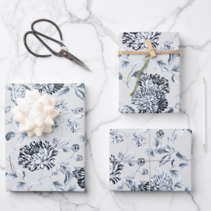 Feuille De Papier Cadeau Vin Floral Dahlias Argent Sur Pearl Grey