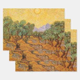 Feuille De Papier Cadeau Vincent van Gogh - Oliviers, ciel jaune et soleil