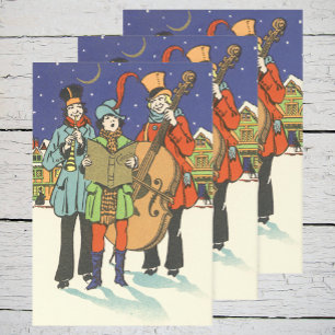 Feuille De Papier Cadeau Vintage Christmas, Musicians Caroling with Music