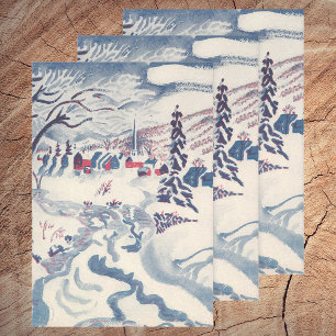 Feuille De Papier Cadeau Vintage Christmas, Snowscape with Winter Village