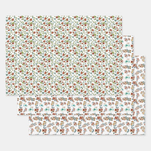 Feuille De Papier Cadeau Vintage coloré Floral Oiseau Motif Noël