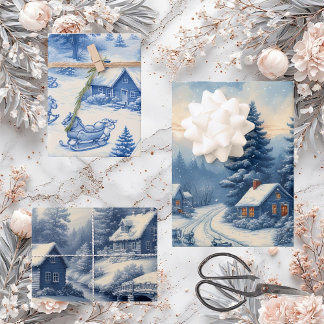Feuille De Papier Cadeau Vintage Engraved French Toile Blue Cottage Winter