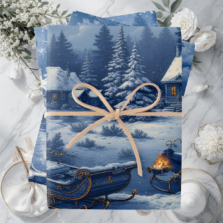 Feuille De Papier Cadeau Vintage Engraved French Toile Snow Covered Cottage