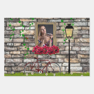 Feuille De Papier Cadeau Vintage Fairytale Vélo Roses cadre photo fille