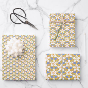 Feuille De Papier Cadeau Vintage Floral bleu et jaune motif Jonquil