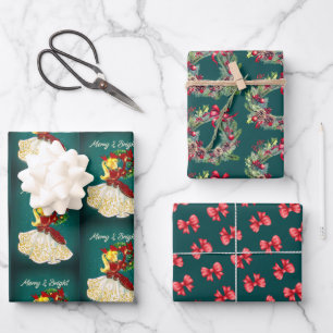 Feuille De Papier Cadeau Vintage Noël couronne rouge or parties scintillant