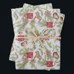 Feuille De Papier Cadeau Vintage Noël mignonne Motif scandinave<br><div class="desc">Ces feuilles de papier d'emballage de Noël amusantes ont un style d'art folklorique nordique vintage, l'aquarelle illustration d'art motif de branches à feuillage persistant et de feuillage d'hiver; mignonette, flocon de neige, biscuits de coeur et de cheval Xmas; et des tasses de cacao rouge rétro. Parfait pour tous sur votre...</div>