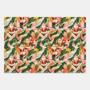 Feuille De Papier Cadeau Vintage Noël Père Noël et rubans