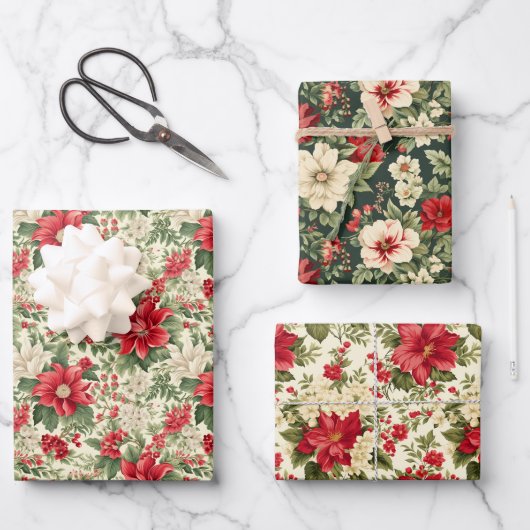 Feuille De Papier Cadeau Vintage Noël Poinsettia (Recto)