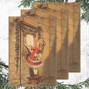 Feuille De Papier Cadeau Vintage Noël Victorian Girl Hanging a Garland